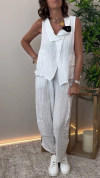 Women's Lapel Striped Cotton and Linen Casual Suit