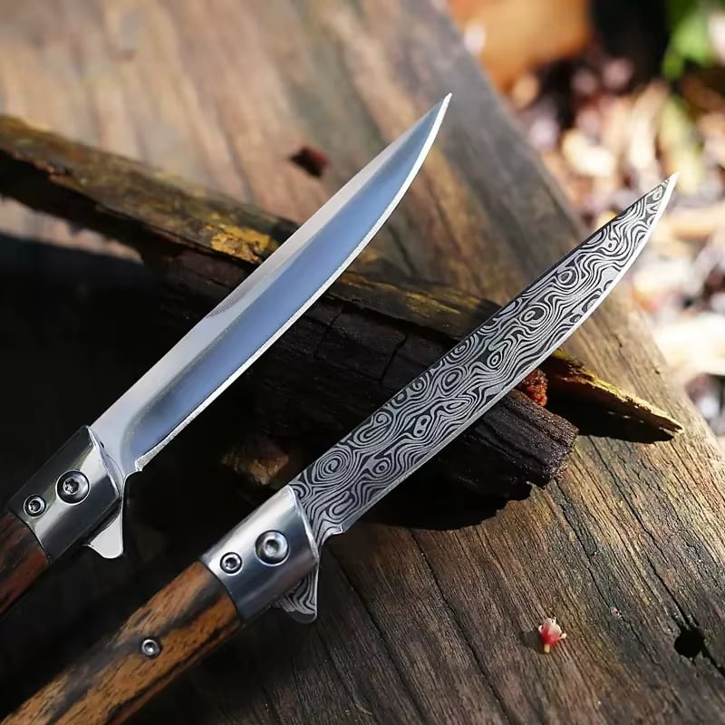 🌲 Outdoor Folding Knife with Wooden Handle & Leather Sheath