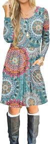 AUSELILY Women's Long Sleeve Pleated Loose Swing Casual Dress with Pockets Knee Length