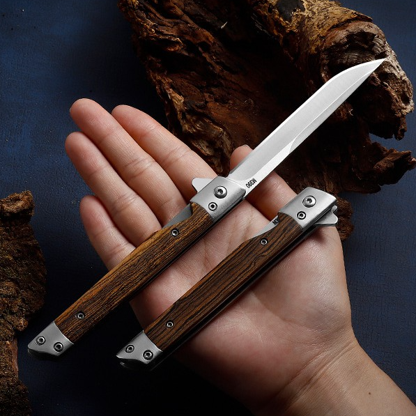 🌲 Outdoor Folding Knife with Wooden Handle & Leather Sheath