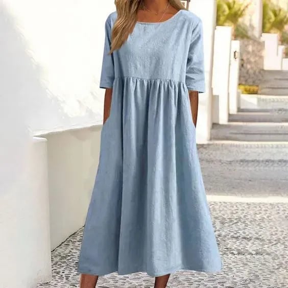 🔥Early Mother's Day Sale - Women's Casual Basic Outdoor Crew Neck Pocket Smocked Cotton Dress - Buy 2 Free Shipping