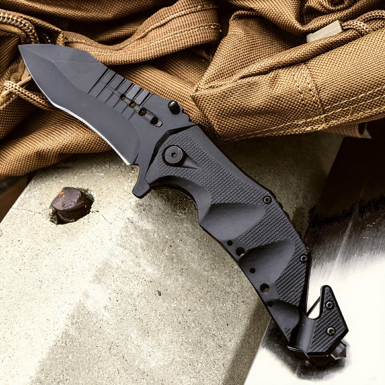 Pocket Knife Full Edge Spear Point Recurve Blade + Glass Breaker & Cord Cutter