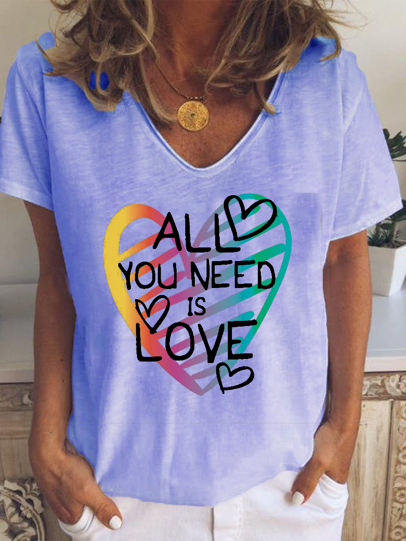 Wish love letter printed casual loose V-neck short sleeve T-shirt women