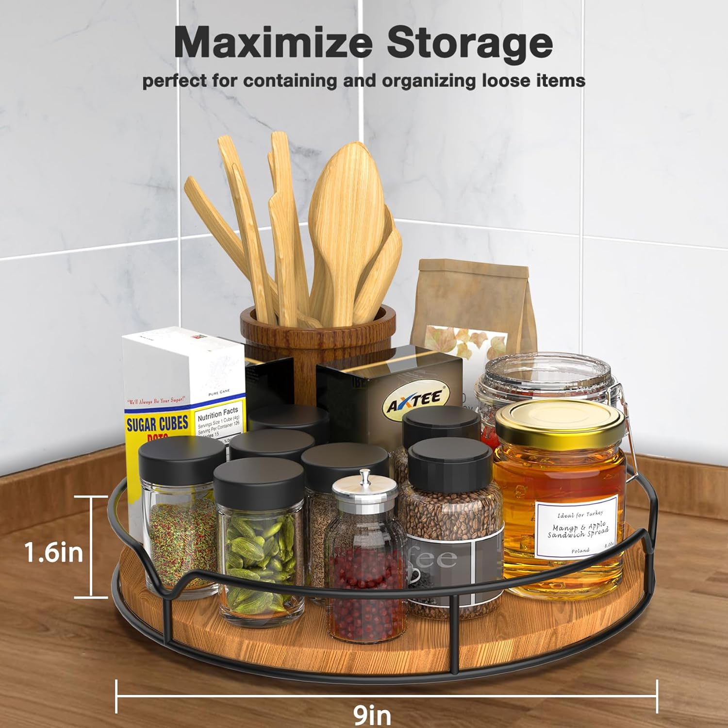 Lazy Susan Turntable Organizer for Cabinet Pantry Kitchen Countertop Refrigerator Cupboard, Pine Wood, 9