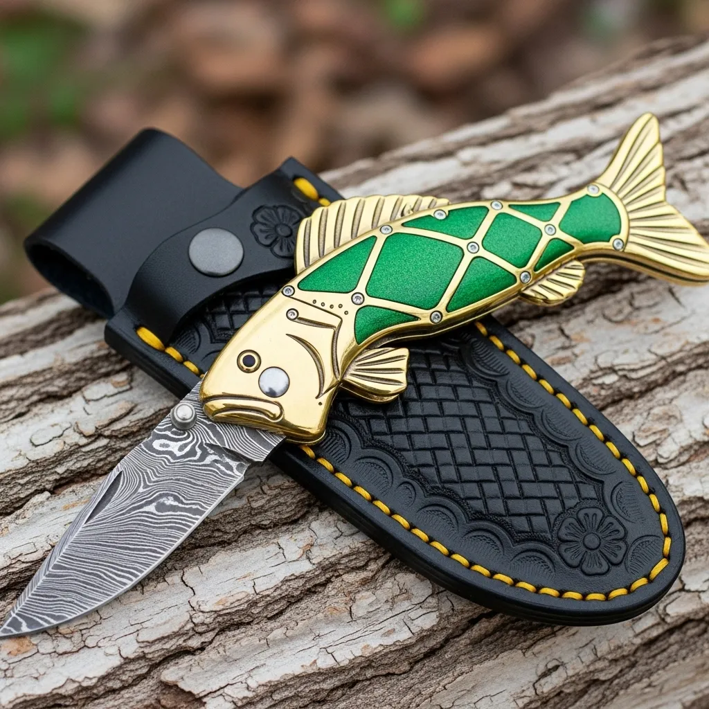 Exquisite Fish-Shaped Damascus Folding Knife