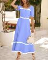 BTFBM Women's 2024 Summer Square Neck Short Puff Sleeve Dress Casual RIC Rac Tie Back Smocked A Line Flowy Maxi Dresses