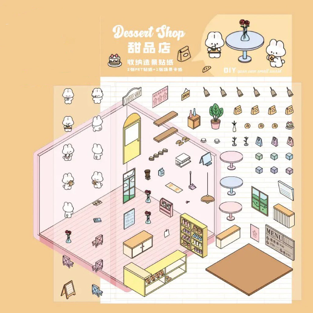 DIY Miniature Sticker Scene,Flower Shop|Bookstore|Dessert Shop|Convenience Store