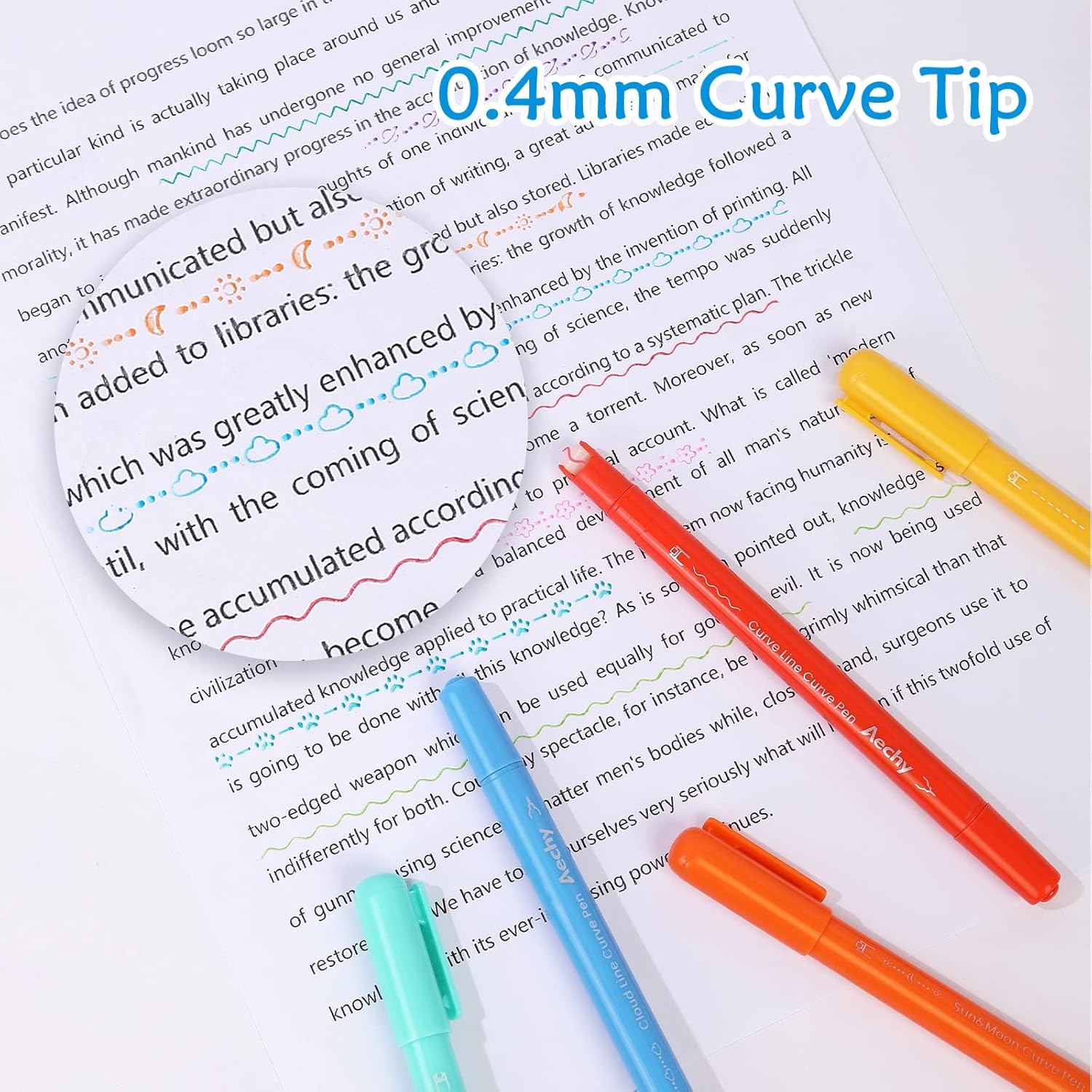 AECHY 8PCS Colored Curve Highlighter Pen Set for Note Taking, Dual Tip Pens with 5 Different Shapes & 8 Colors Fine Lines, for Kids Journaling Supplies