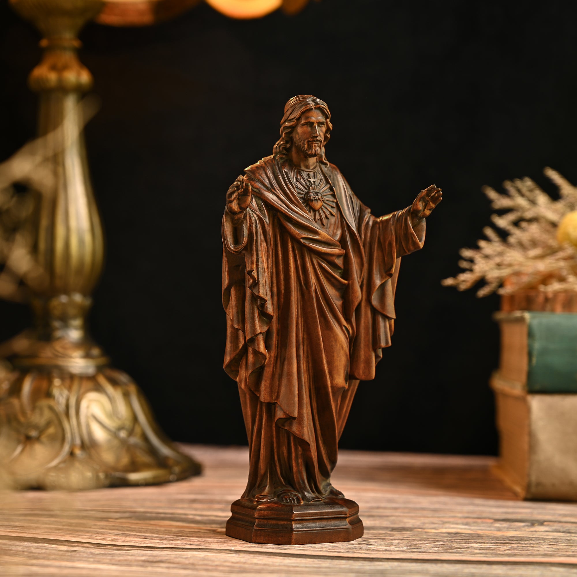 Hand Carved Sacred Heart of Jesus Virgin Mary Wooden Tabletop Ornament(𝐉𝐨𝐧 𝐇𝐚𝐦𝐛𝐥𝐢𝐧 𝐇𝐚𝐧𝐝𝐦𝐚𝐝𝐞®)