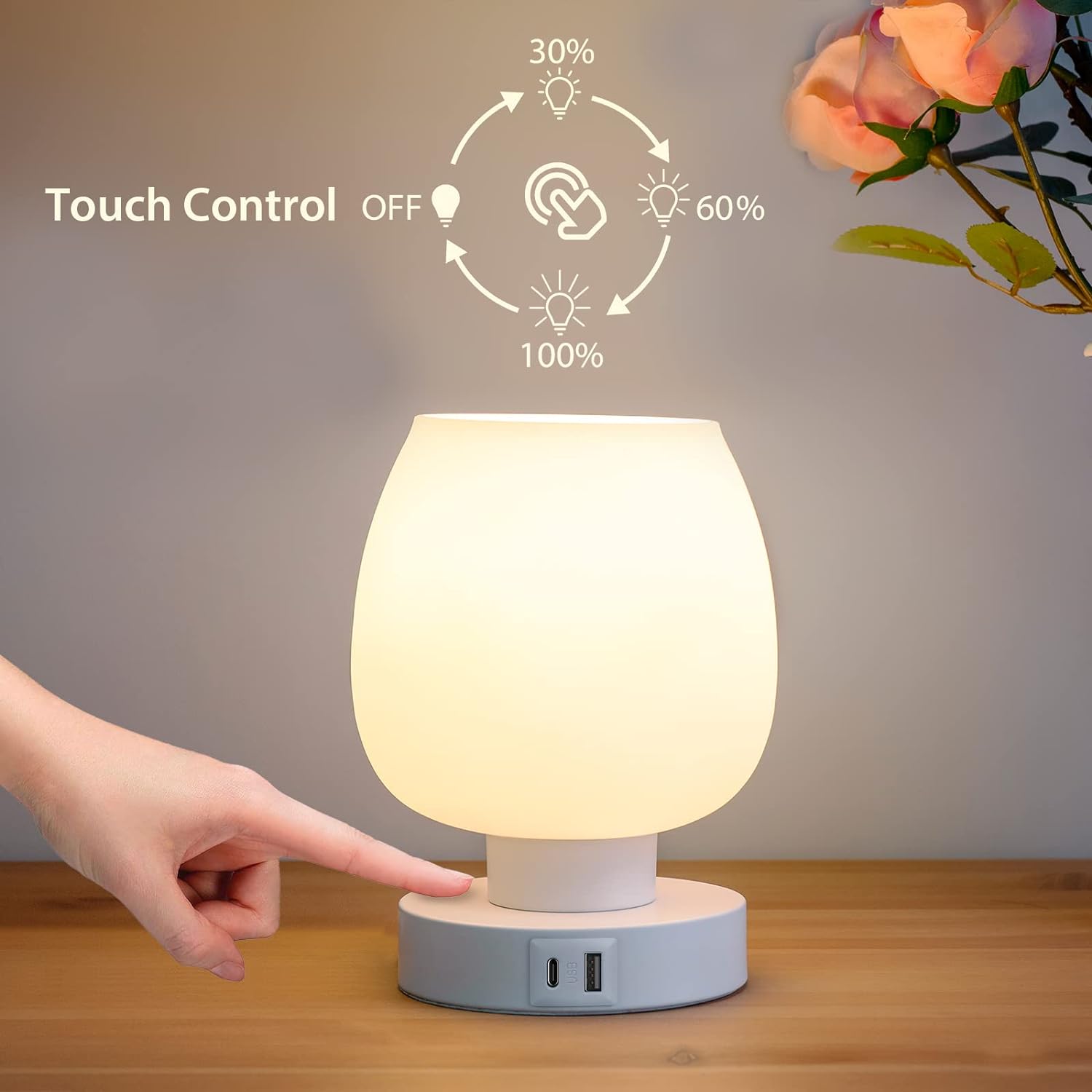 Touch Bedside Table Lamp - Modern Small Lamp for Bedroom Living Room Nightstand, Desk lamp with White Opal Glass Lamp Shade, Warm LED Bulb, 3 Way Dimmable, Simple Design Mother's Day Gifts