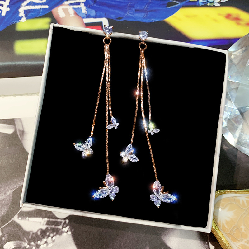 Elegant Shiny Three Butterfly Crystal Drop Earring