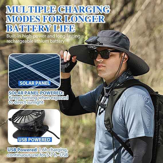 🔥Father's Day Sale 70% OFF - Wide Brim Solar Fan Outdoor Fishing Hat-Solar & USB Charging