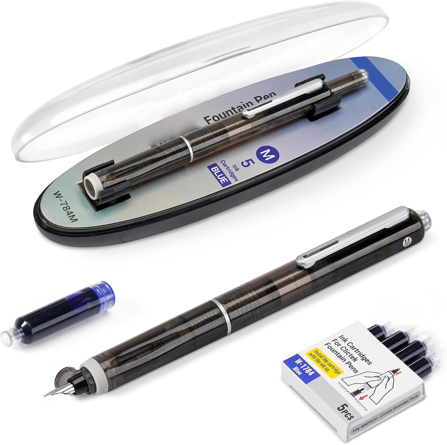 🎁TikTok Last Day Sale - 70% OFF🔥Fountain Pen Retractable:0.38mm Blue&Black Ink Transparent Barrel Includes 5 Refillable Ink Cartridges