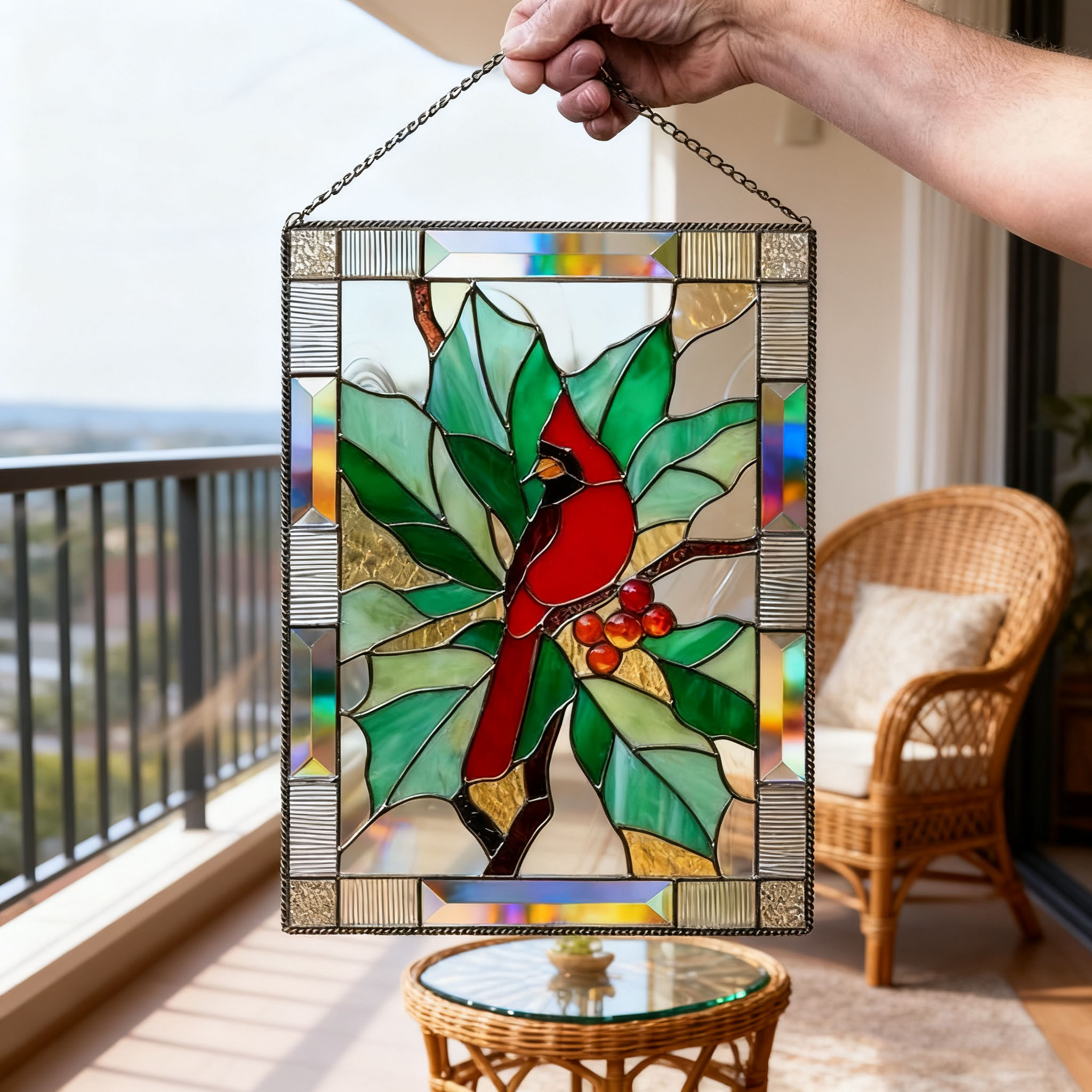 🎉🎨 Handcrafted Stained Glass Cardinal Window Panel – Vibrant Sun Catcher 🦜