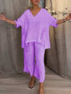 Women's V-neck Sequined Cotton and Linen Two-piece Suit