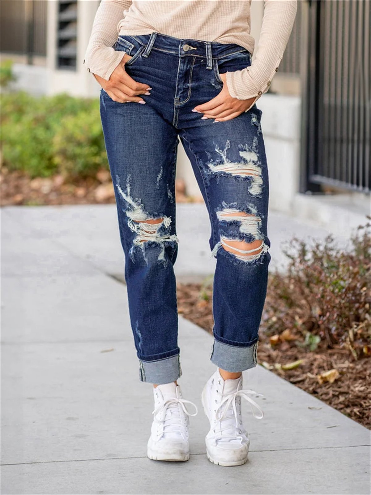 (🔥Last Day Promotion 50% OFF) Tummy Control Distressed Cuffed Boyfriend Jeans (Buy 2 Free Shipping)