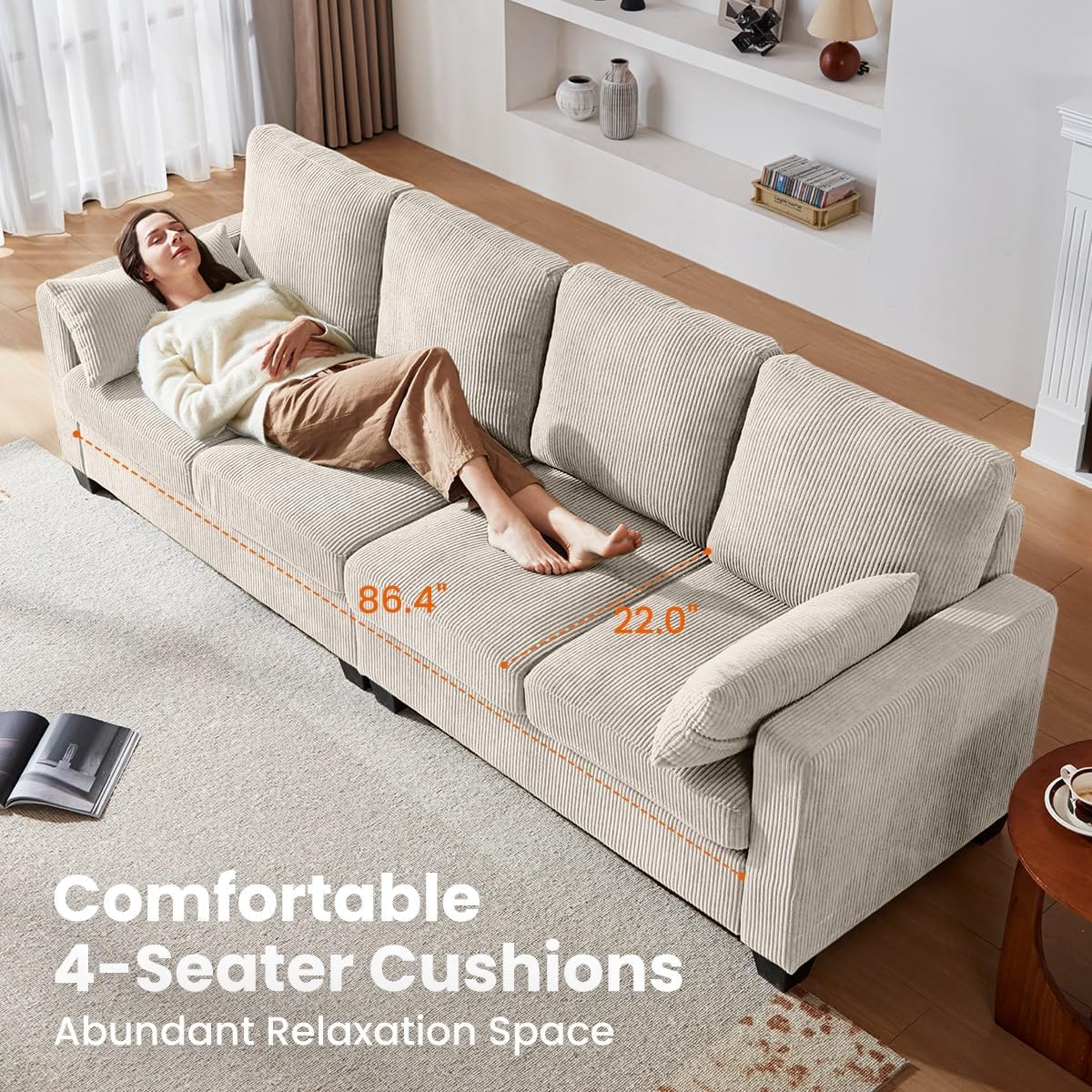 Corduroy Sectional Couch with Ottoman Chaise, L Shaped 4-seat Sofa for Living Room, Apartment, Lounge, Modern Armrest Neck Support Furniture