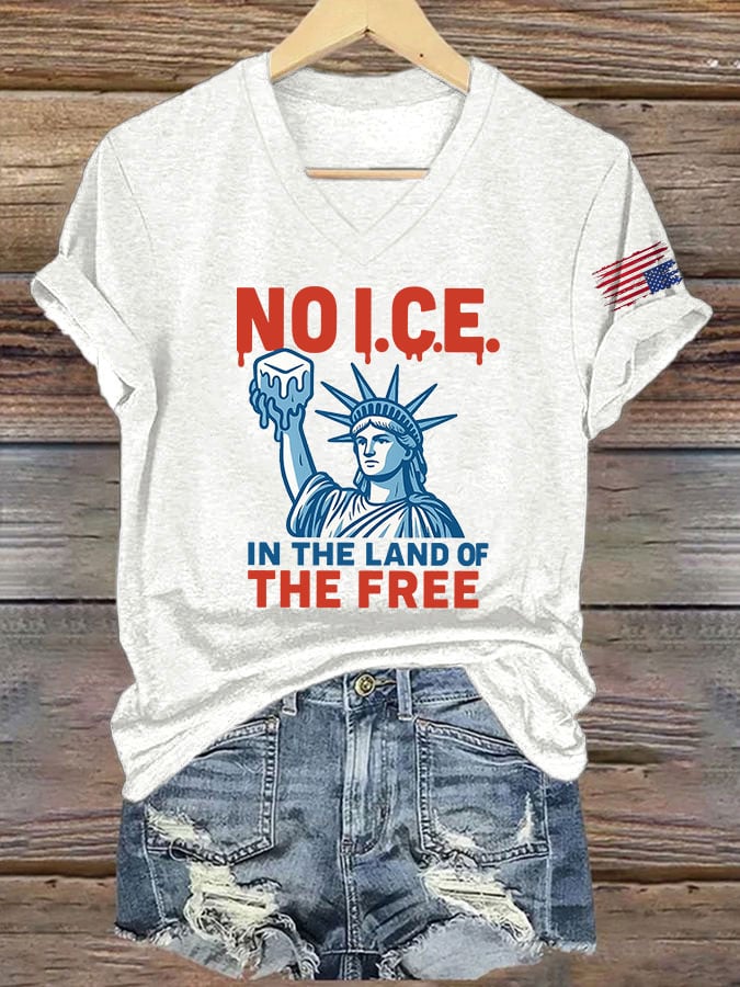 V-Neck Retro 4th Of July No Ice In The Land Of The Free Print T-Shirt