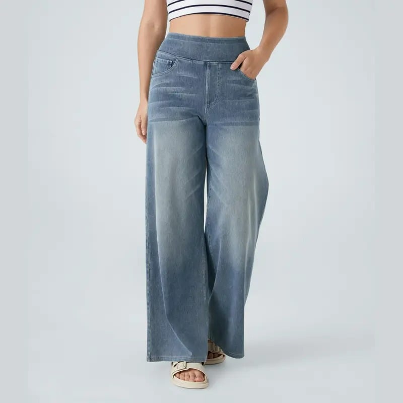 📢Letzter Tag: 49% Rabatt🏆Damen High-Waist Baggy Weite Bein Stretch Strick-Jeans – Bequeme Casual Denim