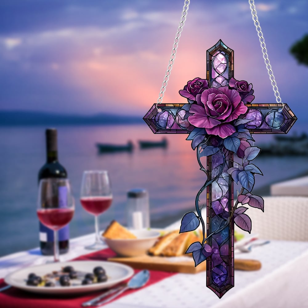 ✝️💜Purple Rose Cross Suncatcher Hanging Decor