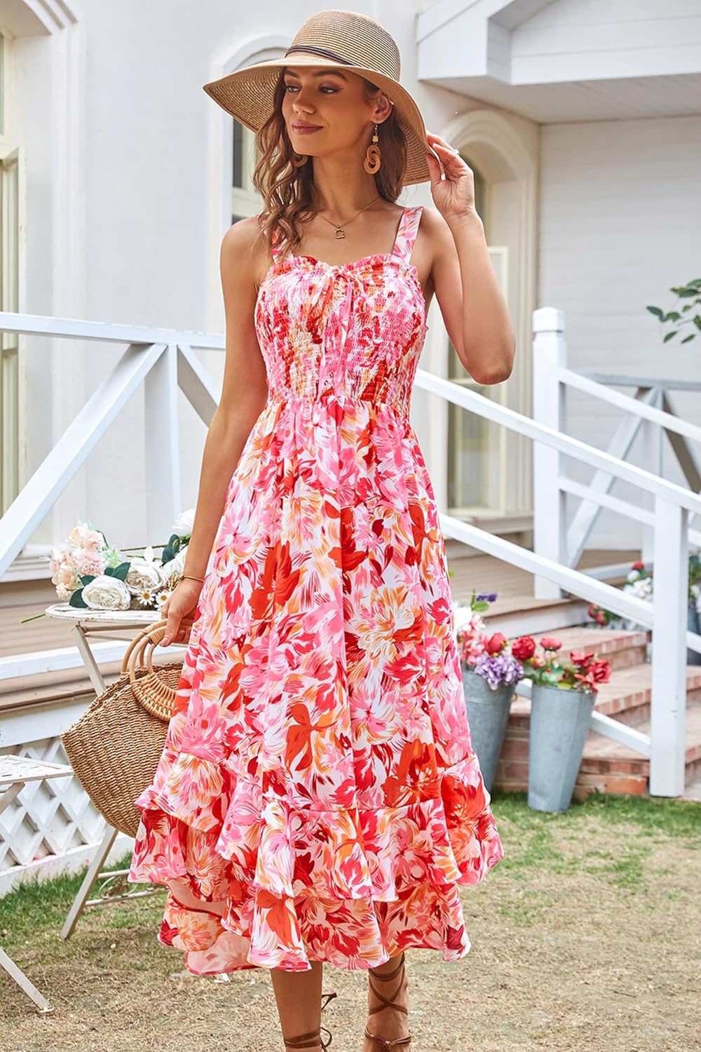 GRACE KARIN Women's 2024 Summer Floral Boho Dress Square Neck Strapped Swing A Line Beach Long Maxi Dress