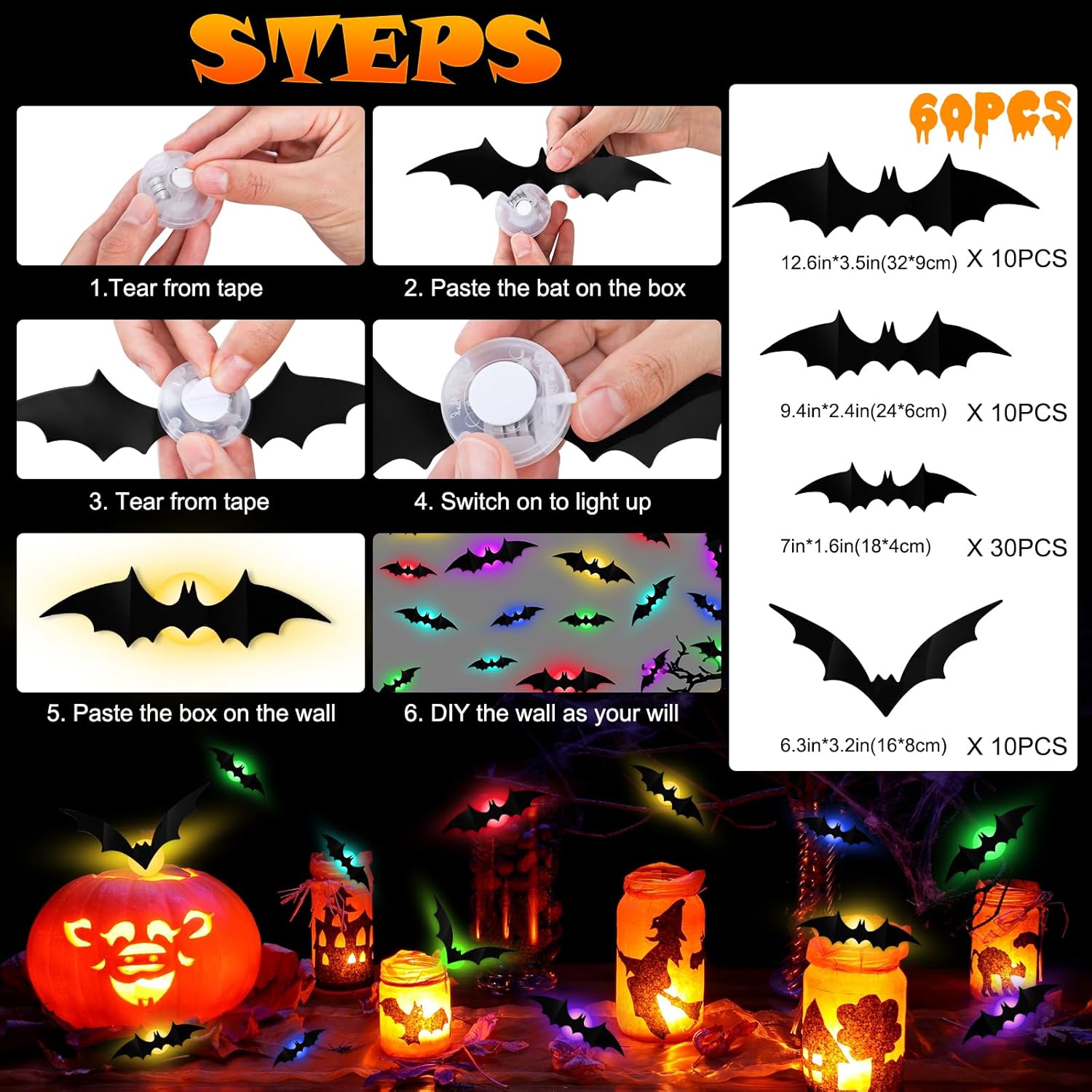 🦇12pcs/set 3D Bat Design LED Decoration