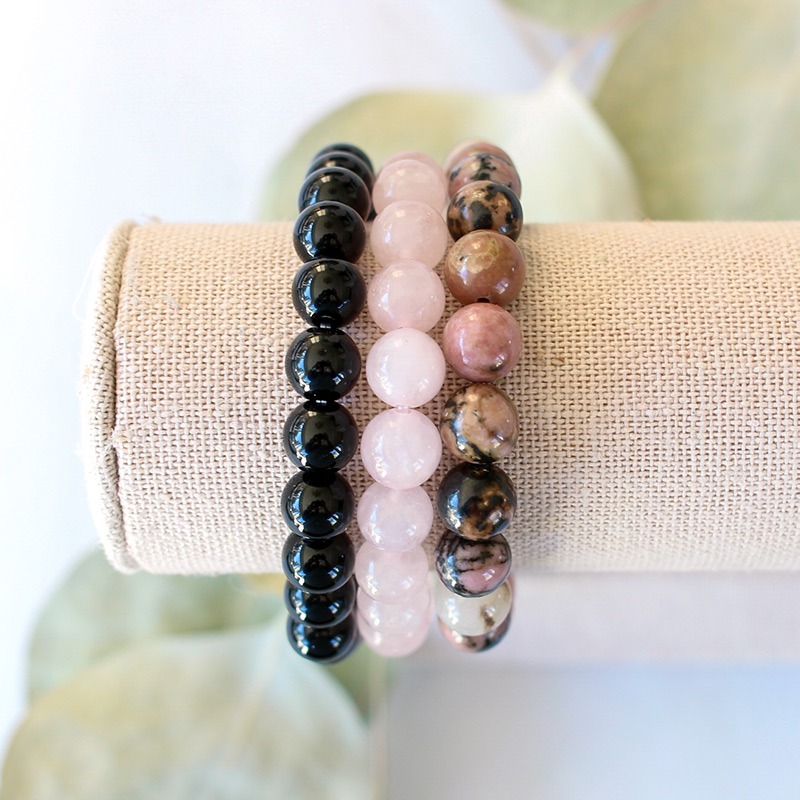 🔥Stress Relief Crystal Bracelet Set-Onyx, Rhodonite, Rose Quartz