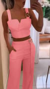 Women's Fashion Solid Color Suspender V-Neck Top Wide Leg Casual Pants Two-Piece Set