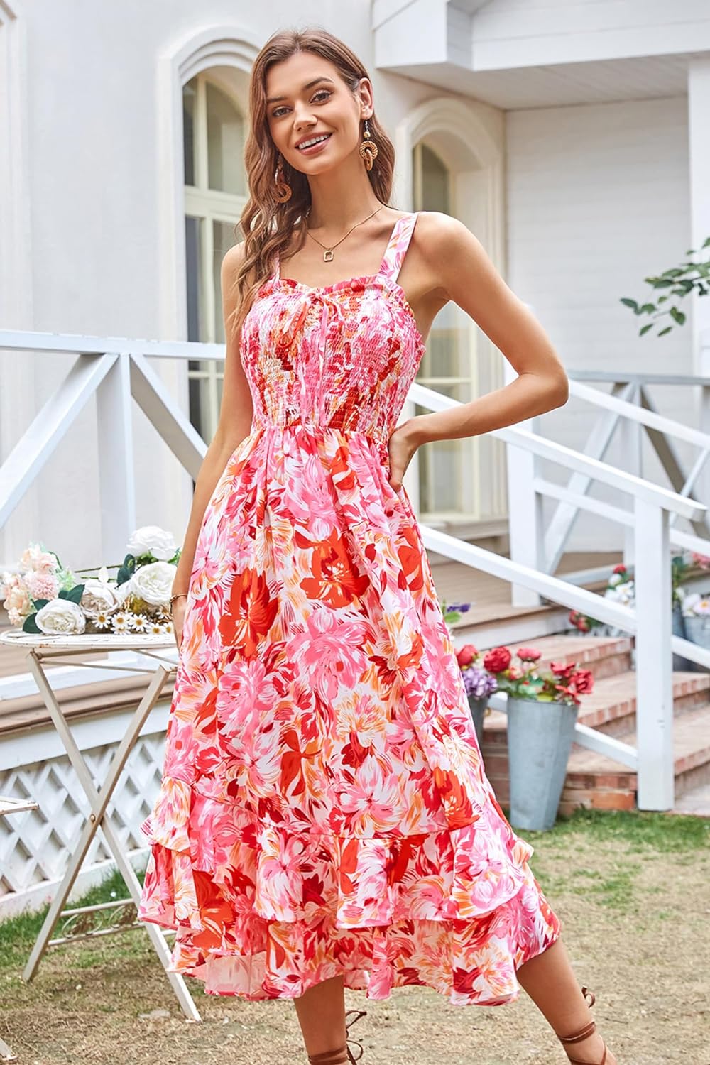 GRACE KARIN Women's 2024 Summer Floral Boho Dress Square Neck Strapped Swing A Line Beach Long Maxi Dress