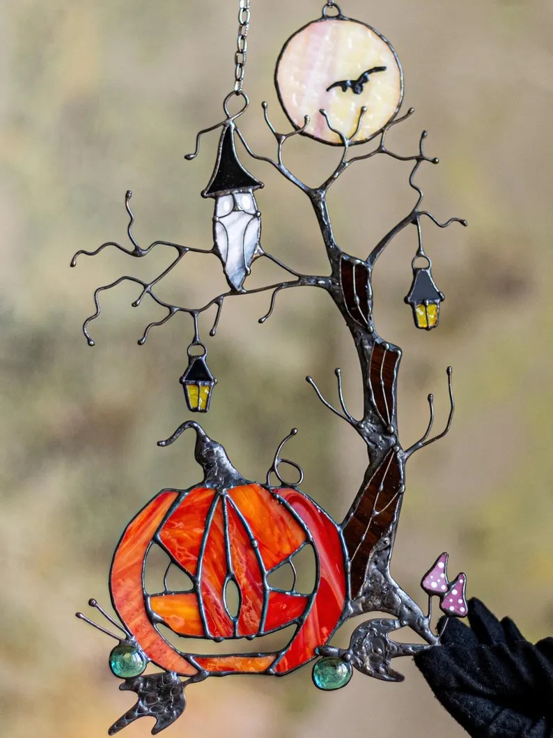 Pumpkin Mystical Tree Stained Glass Horror Picture Home Decor Halloween Spooky Ornament Owl Window Wall Hanging Witch gift