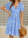 FENSACE Womens Sundress Summer Floral Short Sleeve Wrap V Neck A-Line Midi Dress