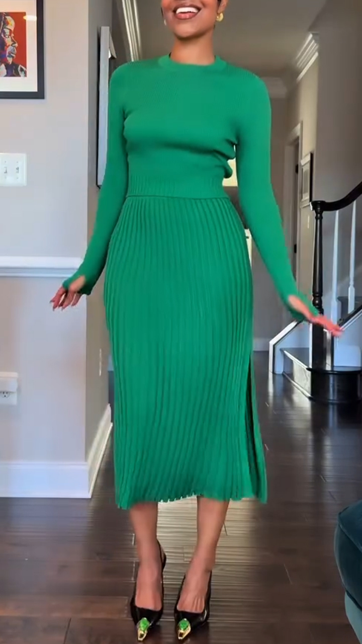 Women's Round Neck Top+pleated Split Skirt Commuting Temperament Set
