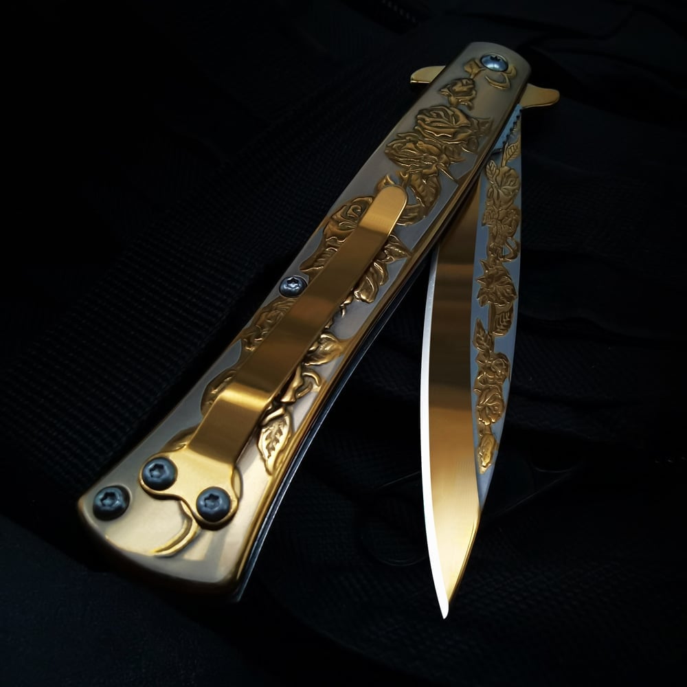 ⏰FREE SHIPPING NOW🔥🌹Vintage Luxury Gold Rose Design Spring Assisted Open EDC Blade Folding Survival Pocket Knife