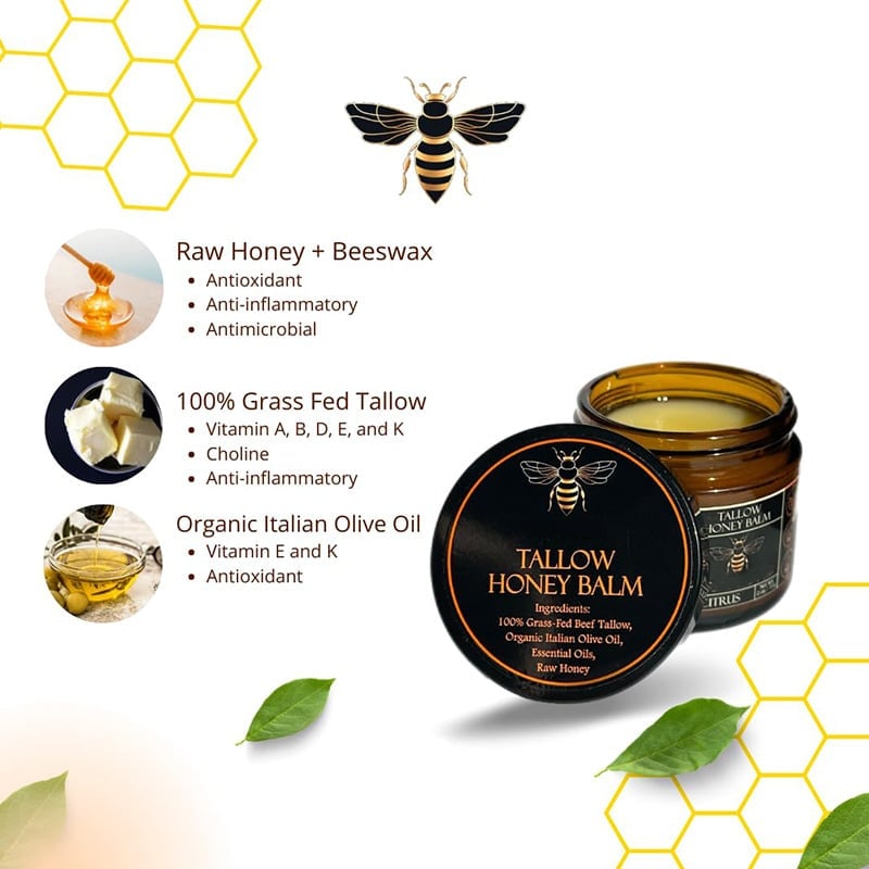 🍃Organic Grass-Fed Beef Tallow Balm with Raw Honey