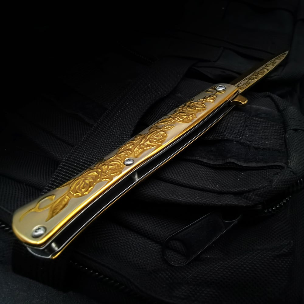 ⏰FREE SHIPPING NOW🔥🌹Vintage Luxury Gold Rose Design Spring Assisted Open EDC Blade Folding Survival Pocket Knife