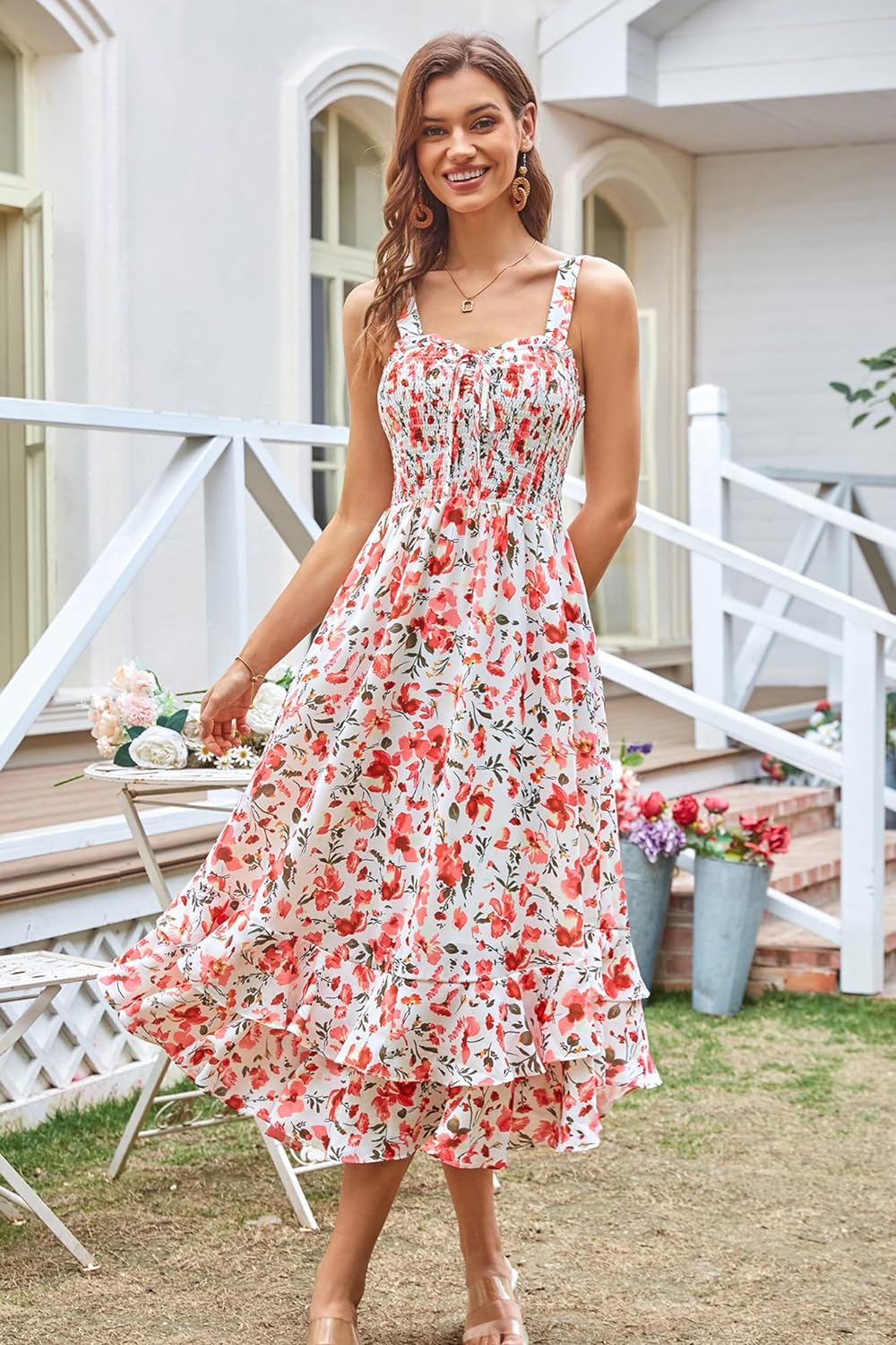 GRACE KARIN Women's 2024 Summer Floral Boho Dress Square Neck Strapped Swing A Line Beach Long Maxi Dress