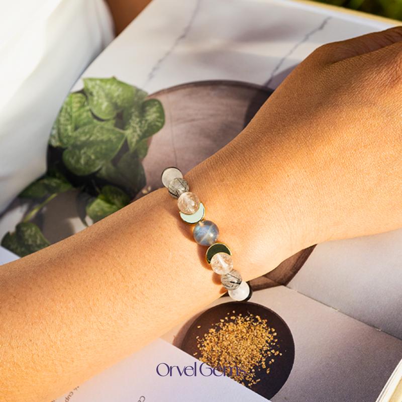 Triple Moon Protection Bracelet – Moonstone, Black Obsidian, Blue Tiger’s Eye, Hematite & Tourmalinated Quartz
