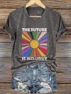 V-Neck Retro The Future Is Inclusive Print T-Shirt