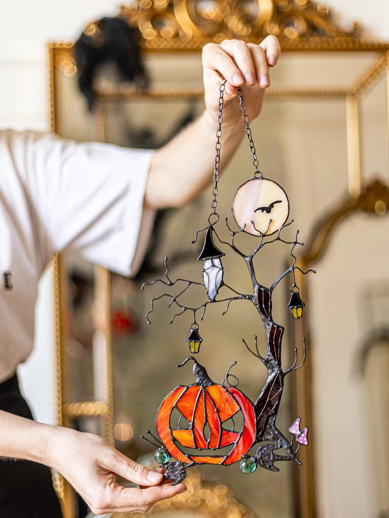 Pumpkin Mystical Tree Stained Glass Horror Picture Home Decor Halloween Spooky Ornament Owl Window Wall Hanging Witch gift