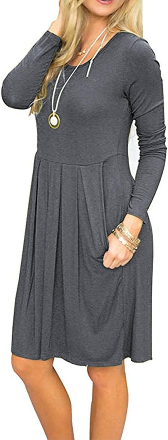 AUSELILY Women's Long Sleeve Pleated Loose Swing Casual Dress with Pockets Knee Length