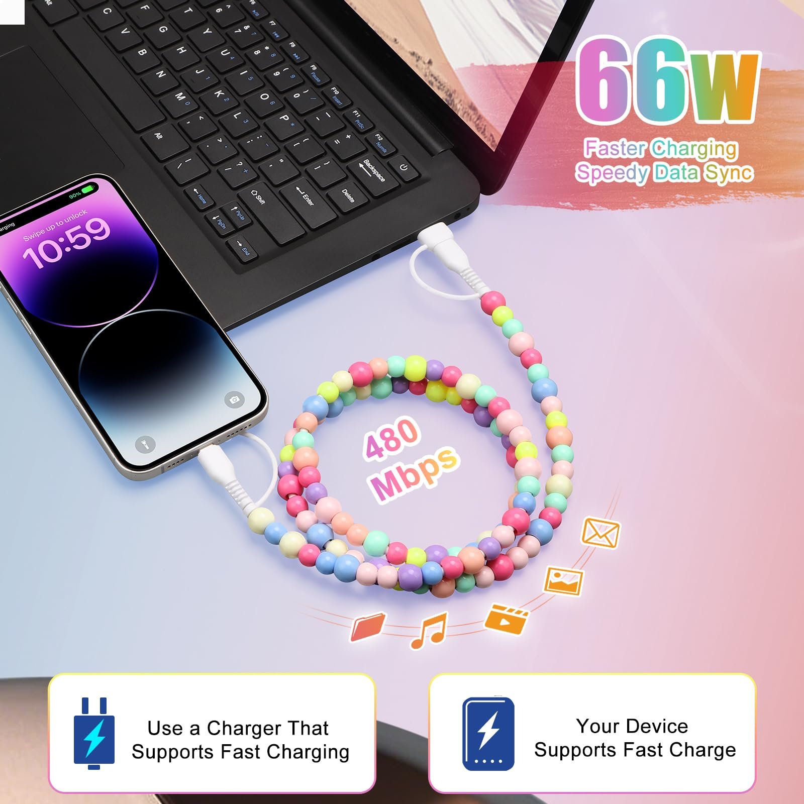 🎁TikTok Last Day Sale - 70% OFF✨4-in-1 Beaded Charging Cord&fast charging cable 66W