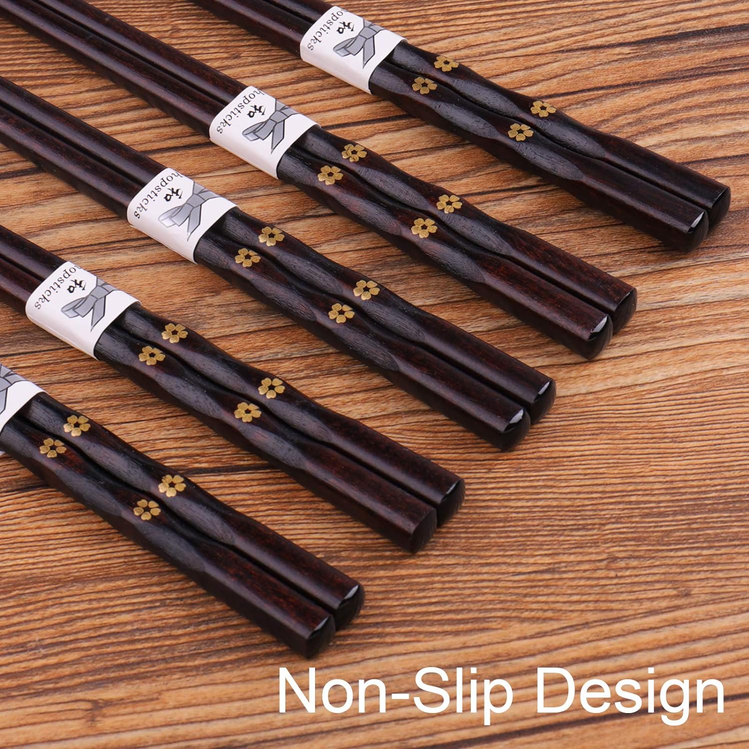 GLAMFIELDS Reusable Chopsticks Japanese Natural Wooden 5 Pairs Classic Style Lightweight Hand-Carved Safe Chop Sticks 8.8 Inch/22.5cm Gift Set