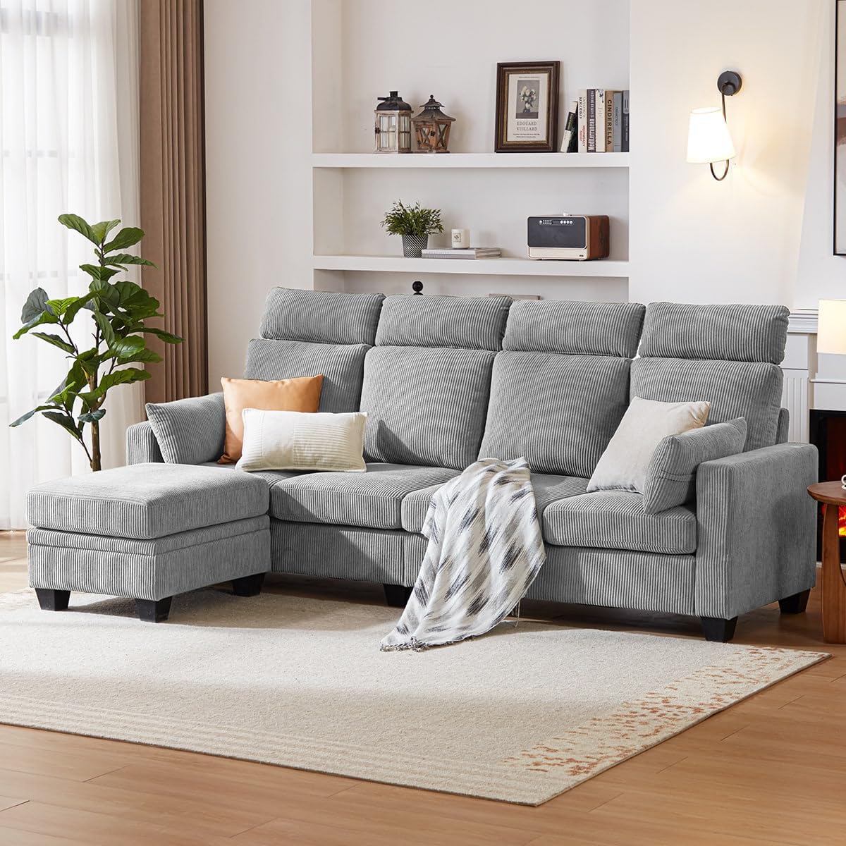 Corduroy Sectional Couch with Ottoman Chaise, L Shaped 4-seat Sofa for Living Room, Apartment, Lounge, Modern Armrest Neck Support Furniture