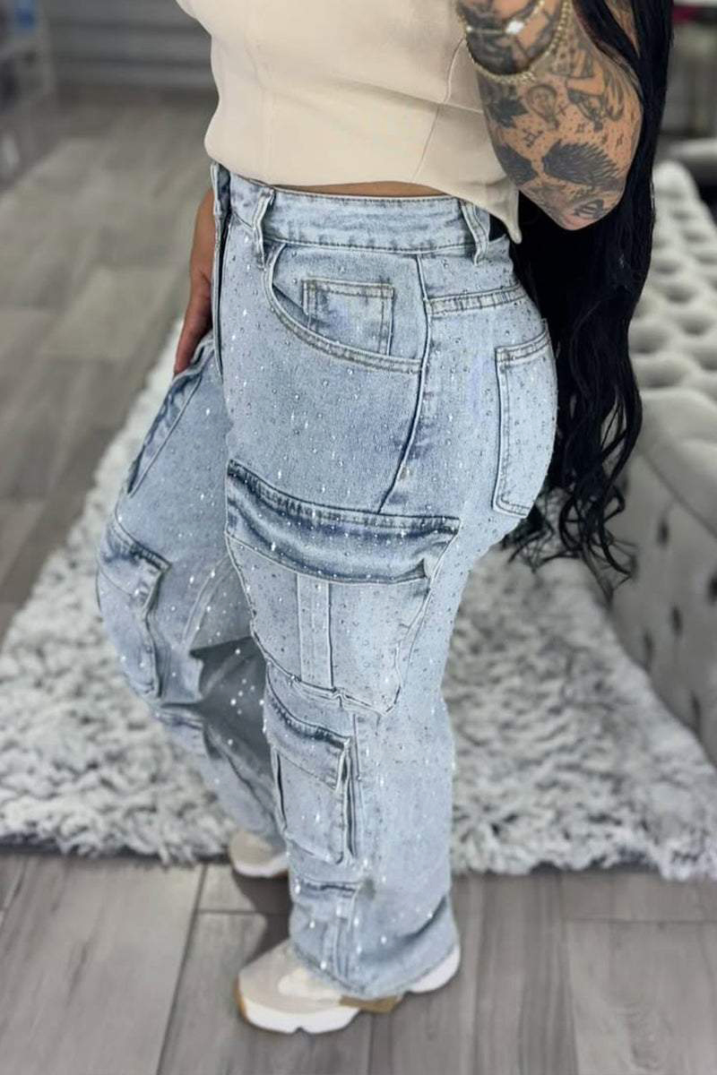 Women's Multi-pocket Rhinestone Casual Jeans --(SIZE:UK8-22,EU36-50)