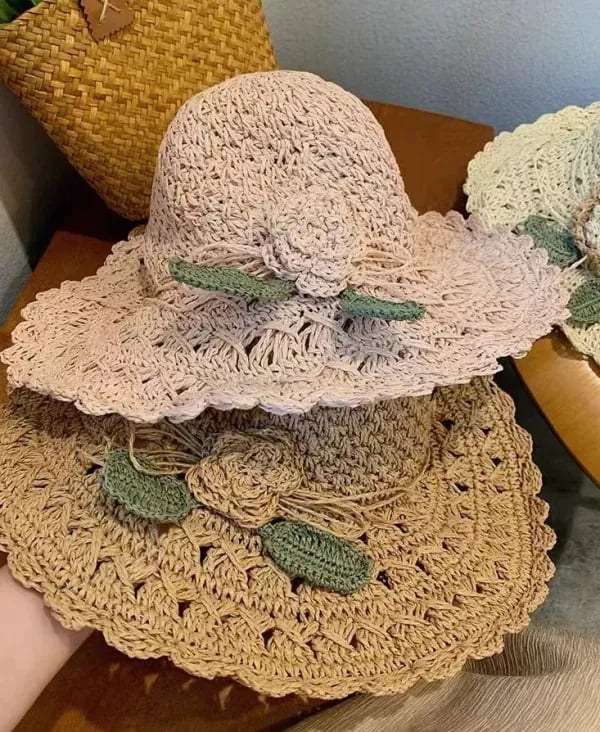 🔥Last Day Promotion 48% OFF-🎁-Elegant Crochet Straw Hat with Ruffle Detail