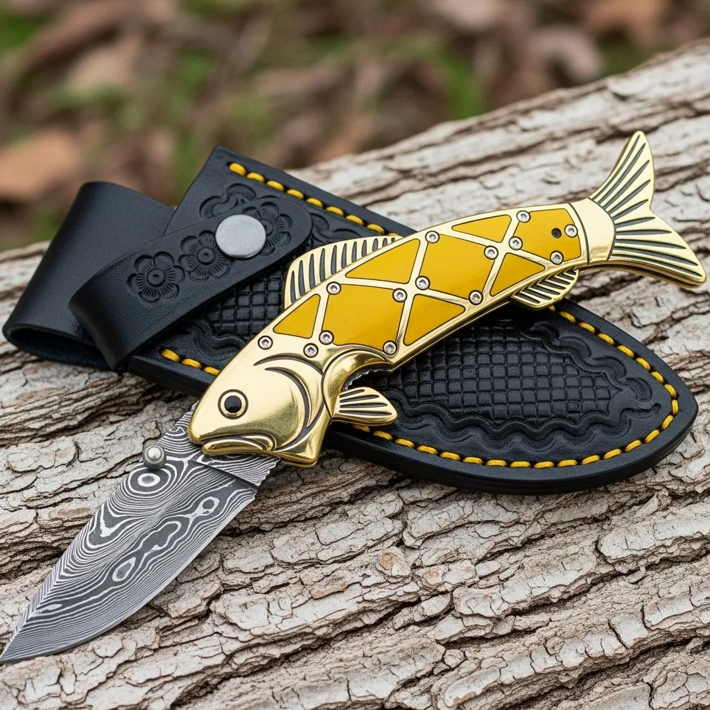 Exquisite Fish-Shaped Damascus Folding Knife