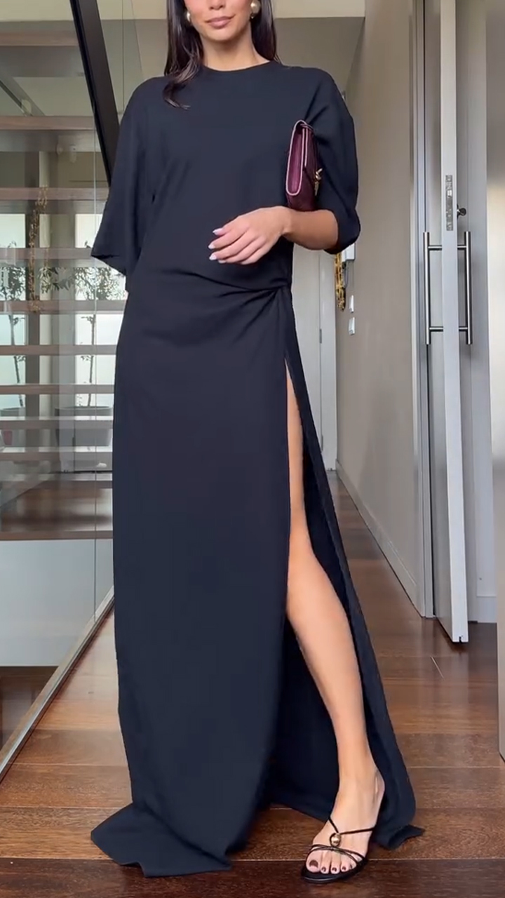Ladies' Round Neck Solid Color Slit Temperament High-end Dress