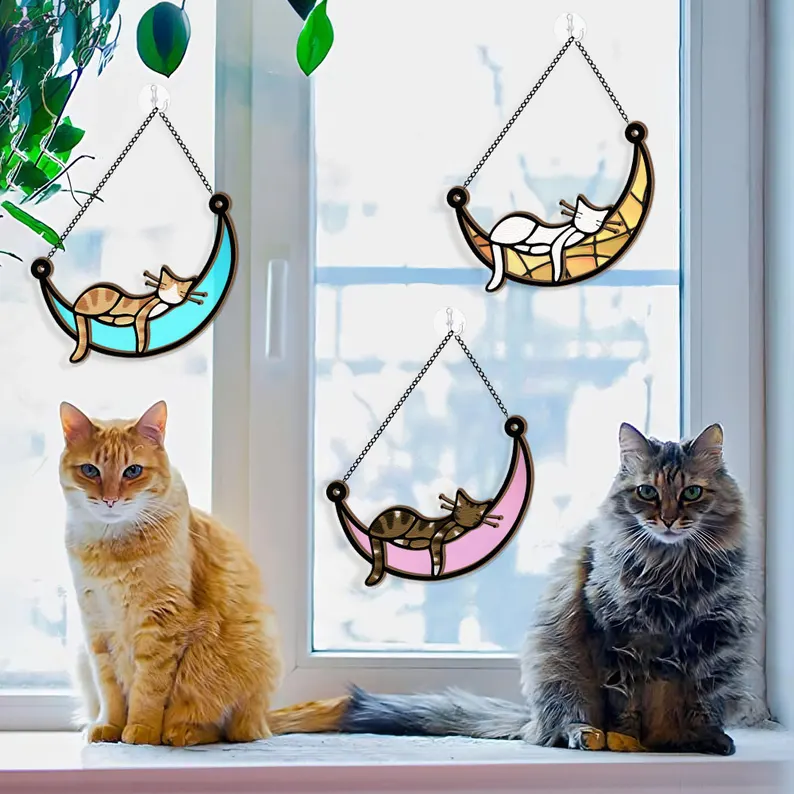 🐈🌙Sleeping Cat On Moon - Window Hanging Suncatcher Ornament