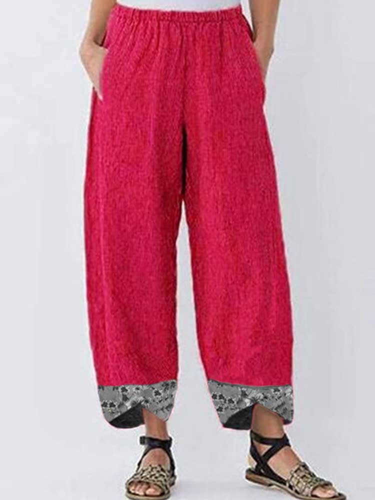 Women Printed Cotton Linen Splicing Irregular Solid Color Pants