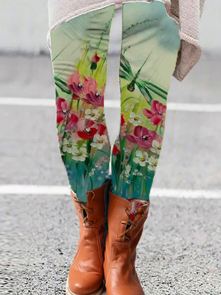 Women Casual Printing Flower Sports Stretch Green Leggings